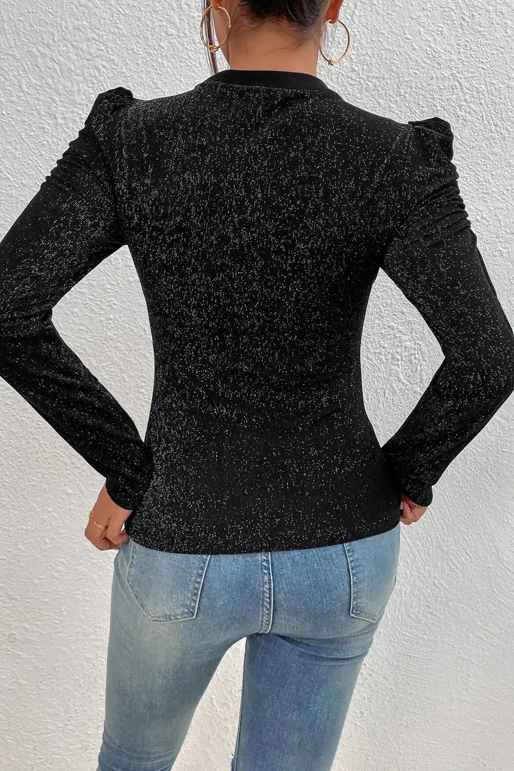 Black Gigot Sleeve Metallic Knit Slim Fit Top-1