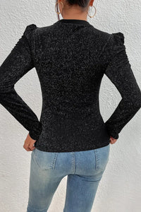 Thumbnail for Black Gigot Sleeve Metallic Knit Slim Fit Top-1