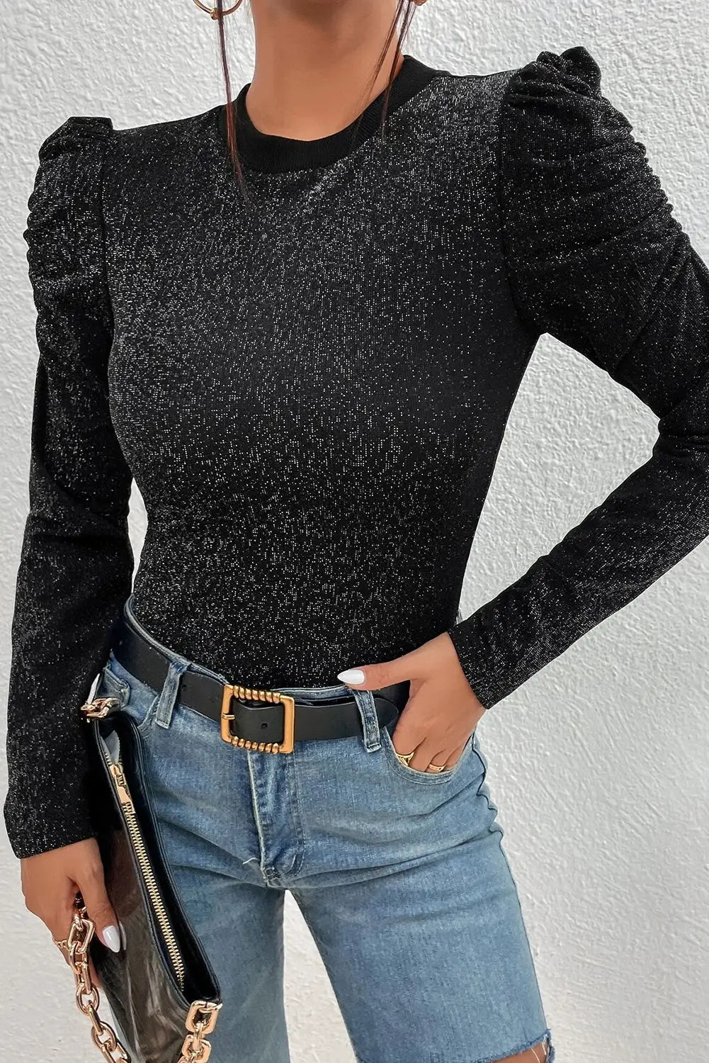 Black Gigot Sleeve Metallic Knit Slim Fit Top-3