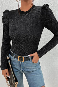 Thumbnail for Black Gigot Sleeve Metallic Knit Slim Fit Top-3