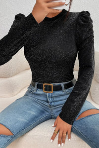 Thumbnail for Black Gigot Sleeve Metallic Knit Slim Fit Top-2