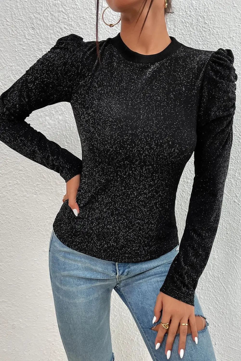 Black Gigot Sleeve Metallic Knit Slim Fit Top-5