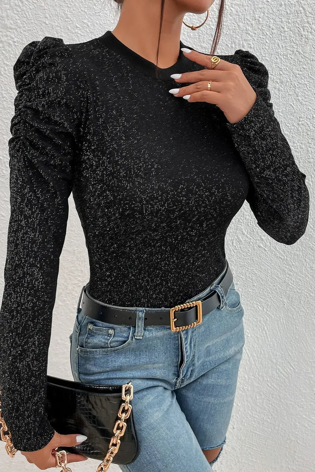 Black Gigot Sleeve Metallic Knit Slim Fit Top-4