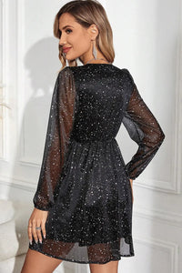 Thumbnail for Black Glitter Mesh Overlay V Neck Long Sleeve Dress-1