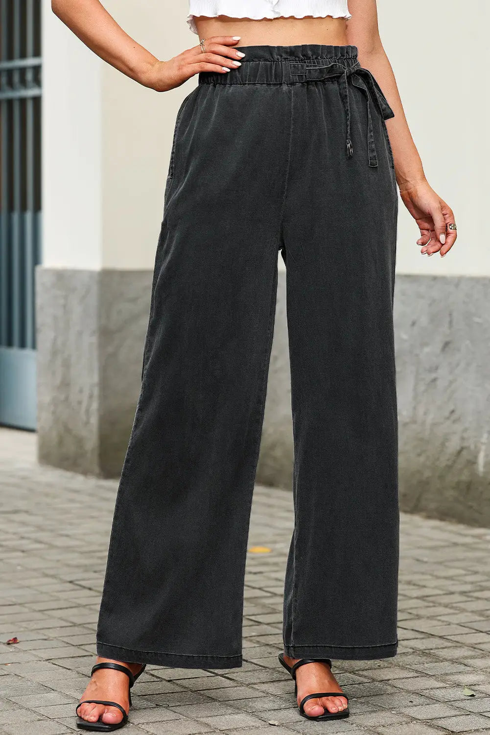 Black High Waist Pocketed Wide Leg Tencel Jeans-0