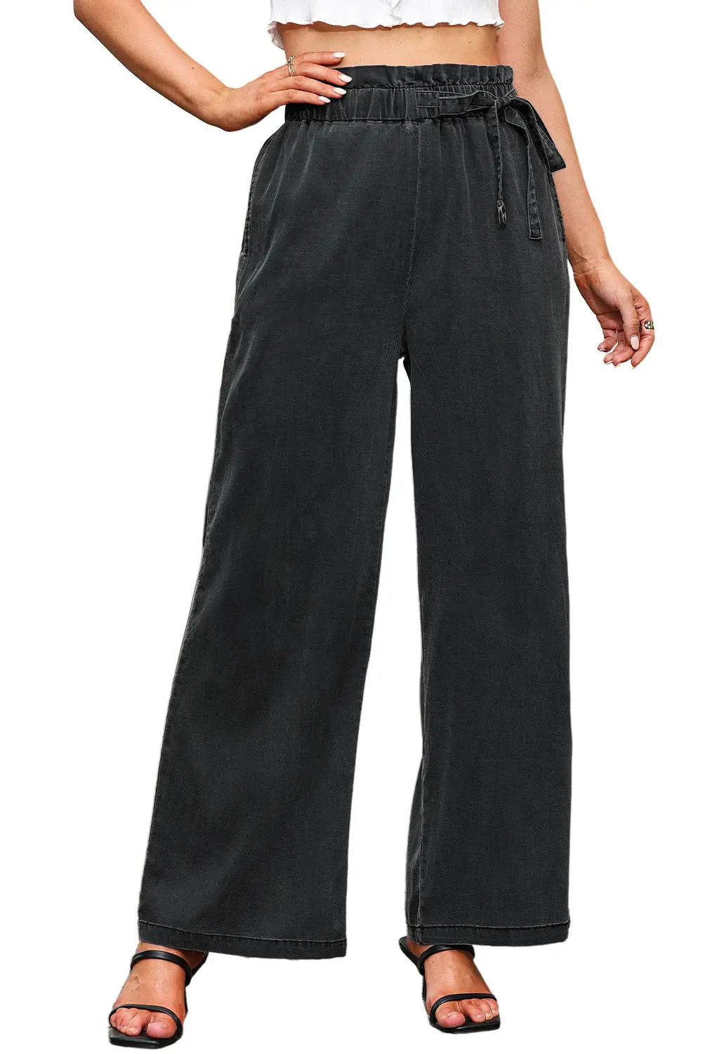 Black High Waist Pocketed Wide Leg Tencel Jeans-12