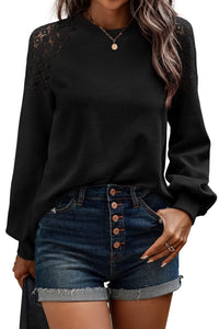 Thumbnail for Black Lace Long Sleeve Textured Pullover-4