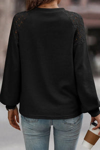 Thumbnail for Black Lace Long Sleeve Textured Pullover-2