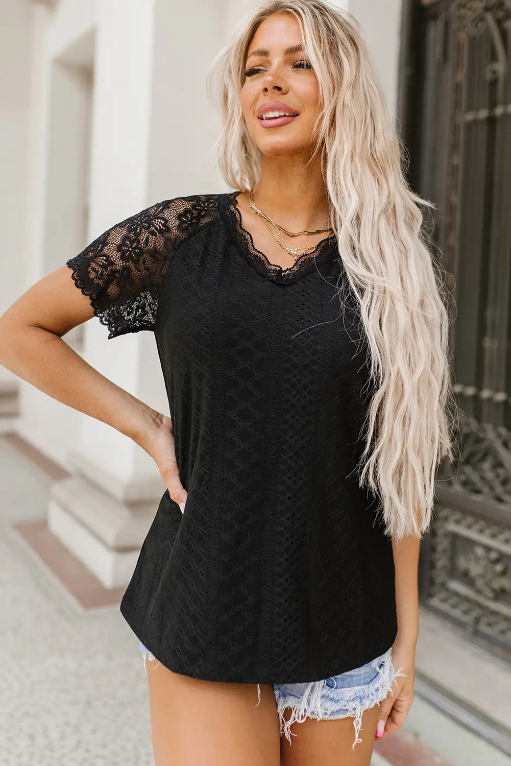 Black Lace Short-Sleeve Scalloped V-Neck Top-3