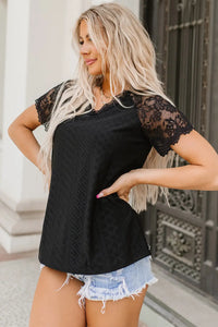 Thumbnail for Black Lace Short-Sleeve Scalloped V-Neck Top-4