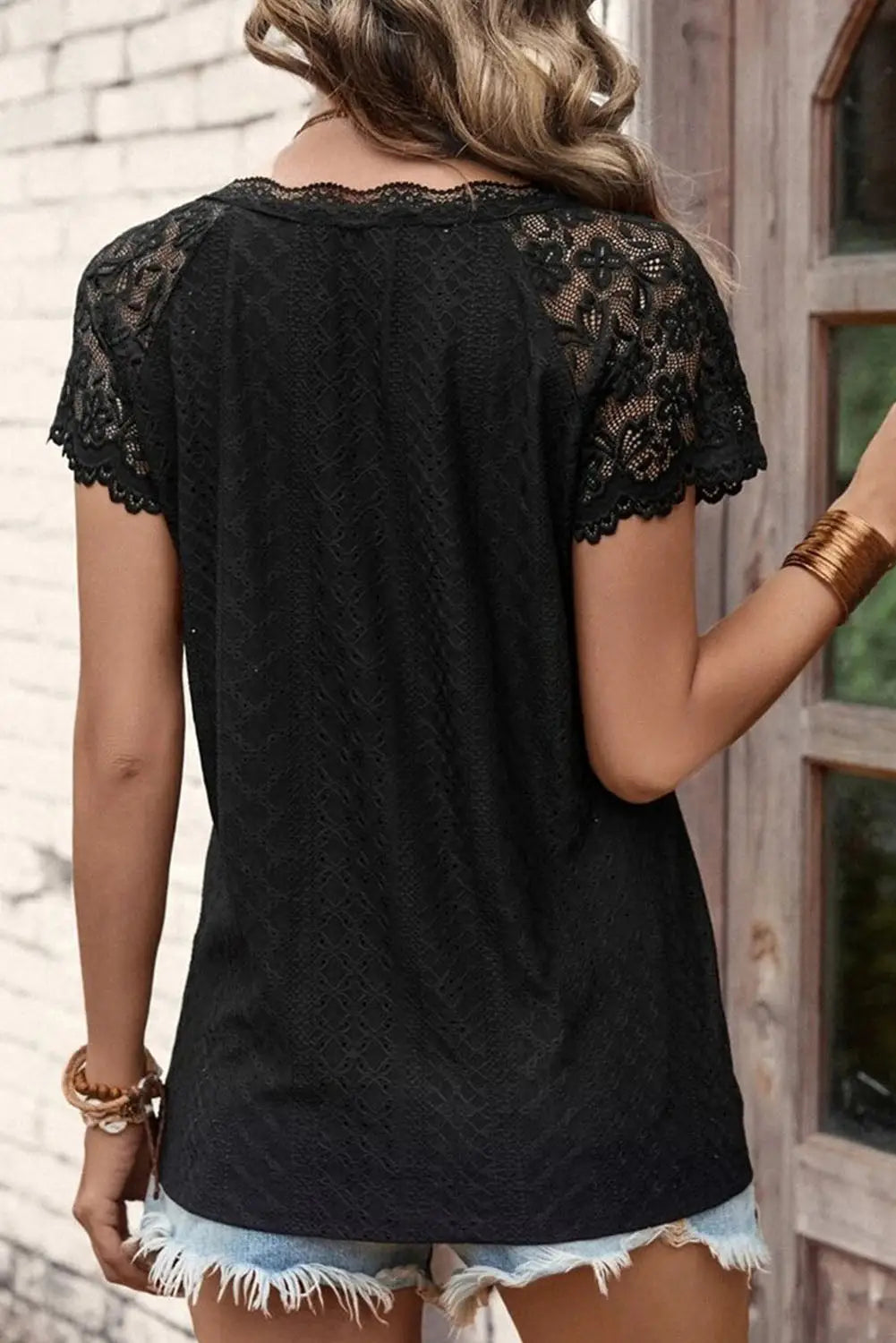 Black Lace Short-Sleeve Scalloped V-Neck Top-8