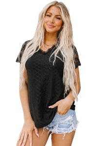 Thumbnail for Black Lace Short-Sleeve Scalloped V-Neck Top-10