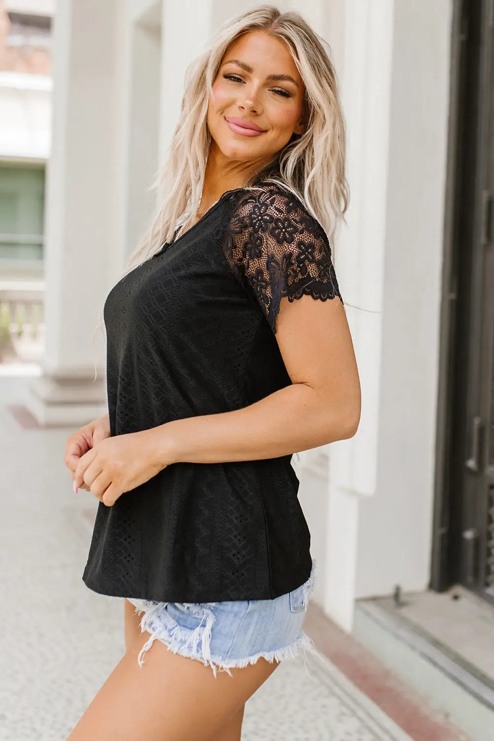 Black Lace Short-Sleeve Scalloped V-Neck Top-2