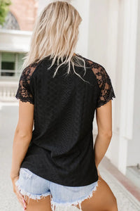 Thumbnail for Black Lace Short-Sleeve Scalloped V-Neck Top-1