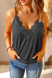 Thumbnail for Black Lace Splicing V Neck Cami Top-0