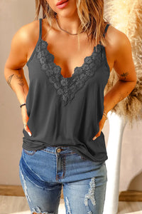 Thumbnail for Black Lace Splicing V Neck Cami Top-3