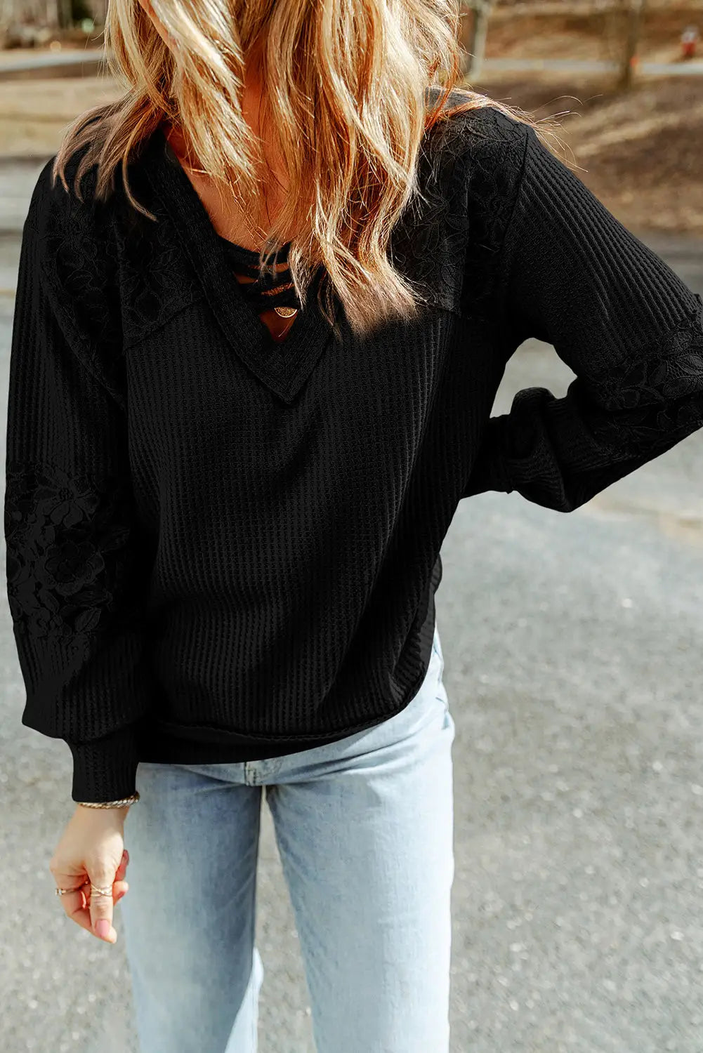 Black Lace Waffle Patchwork Strappy V Neck Long Sleeve Top-2