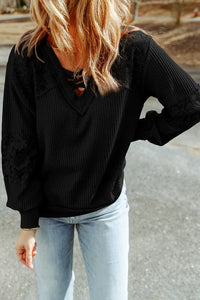 Thumbnail for Black Lace Waffle Patchwork Strappy V Neck Long Sleeve Top-2