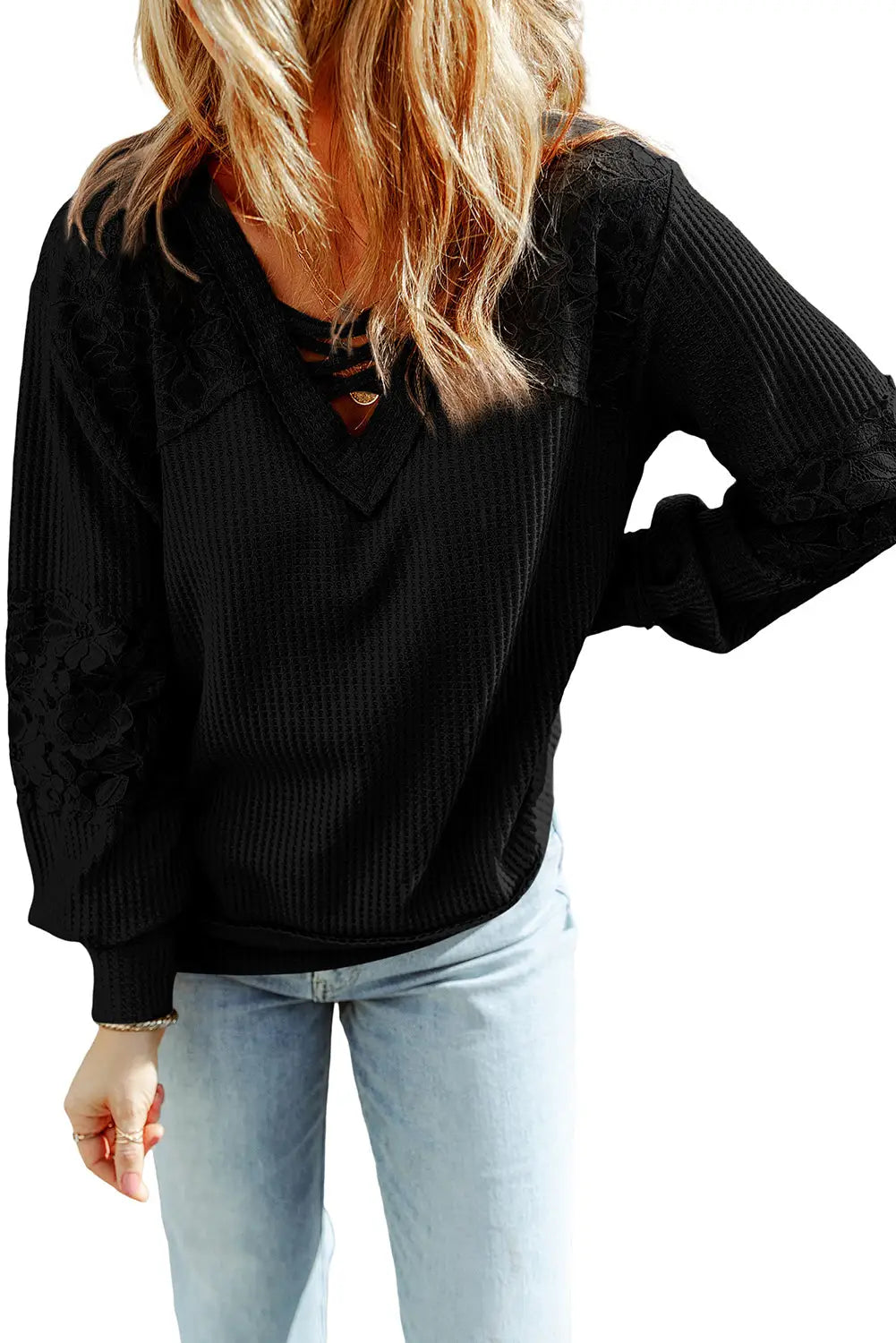 Black Lace Waffle Patchwork Strappy V Neck Long Sleeve Top-5