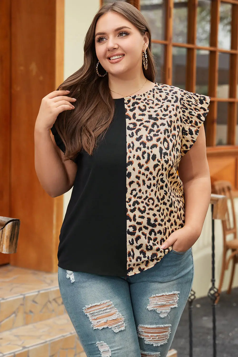 Black Leopard Contrast Block Flutter Sleeve Plus Size Top-0