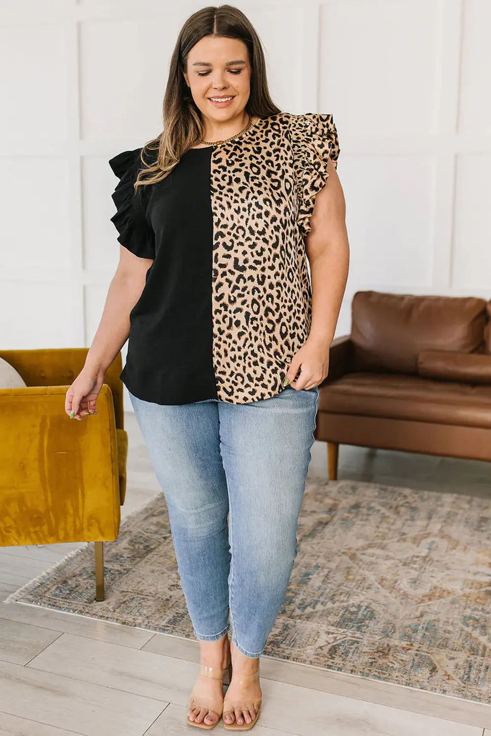 Black Leopard Contrast Block Flutter Sleeve Plus Size Top-10