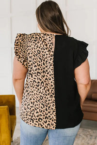 Thumbnail for Black Leopard Contrast Block Flutter Sleeve Plus Size Top-8