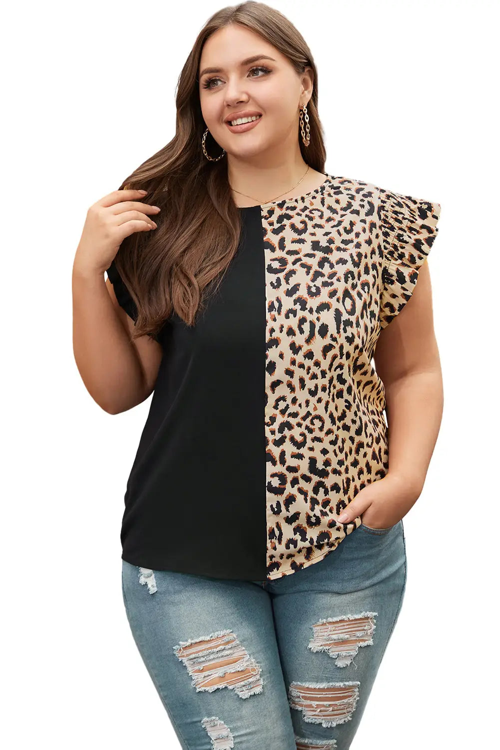 Black Leopard Contrast Block Flutter Sleeve Plus Size Top-12