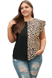 Thumbnail for Black Leopard Contrast Block Flutter Sleeve Plus Size Top-12