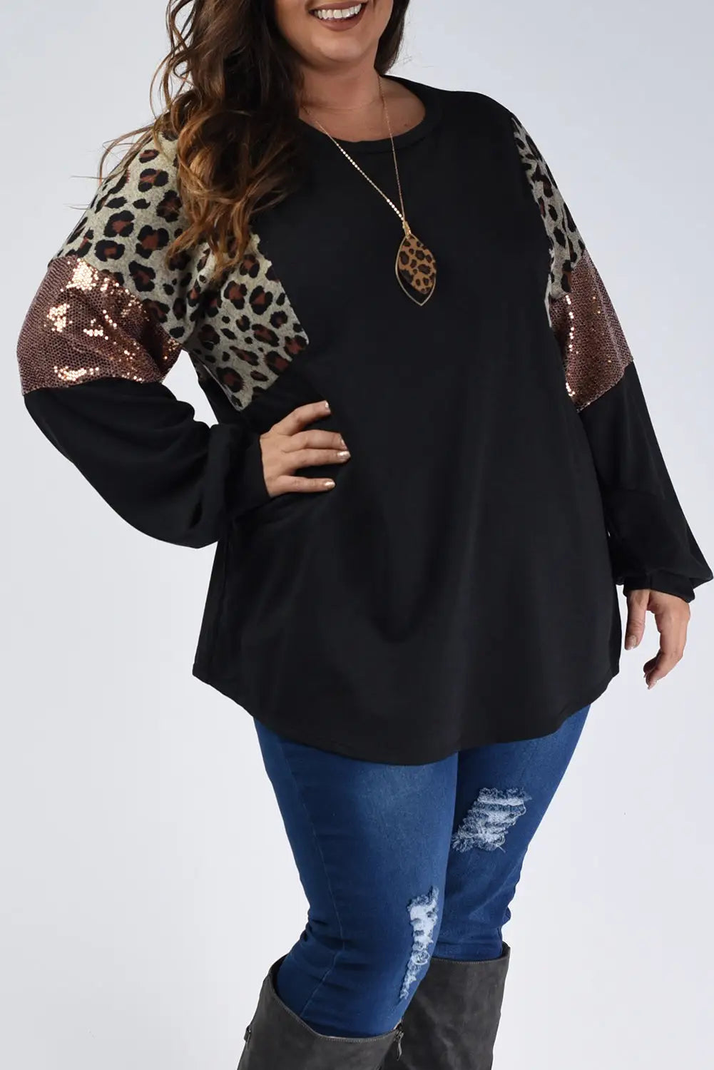 Black Leopard Sequin Patch Plus Size Long Sleeve Top-0