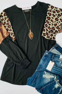 Thumbnail for Black Leopard Sequin Patch Plus Size Long Sleeve Top-4