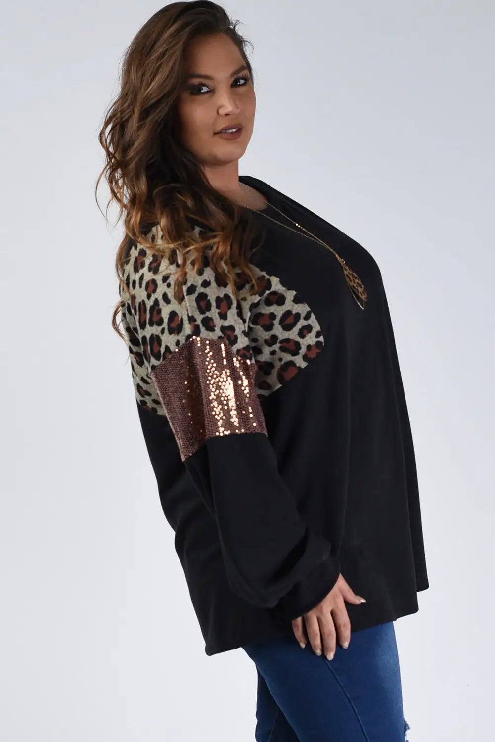 Black Leopard Sequin Patch Plus Size Long Sleeve Top-1