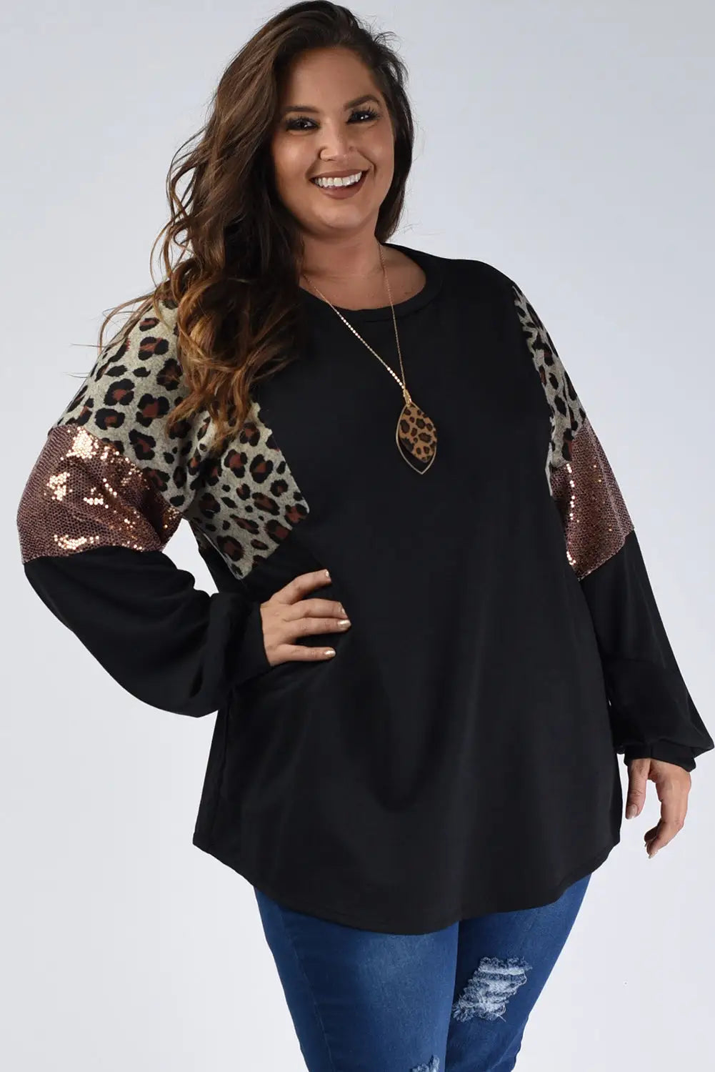 Black Leopard Sequin Patch Plus Size Long Sleeve Top-2