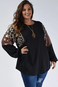 Thumbnail for Black Leopard Sequin Patch Plus Size Long Sleeve Top-2