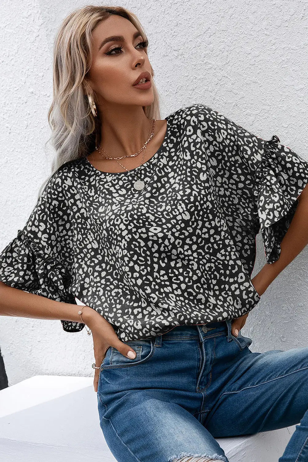 Black Leopard Spotted Ruffle Sleeve T-Shirt-2