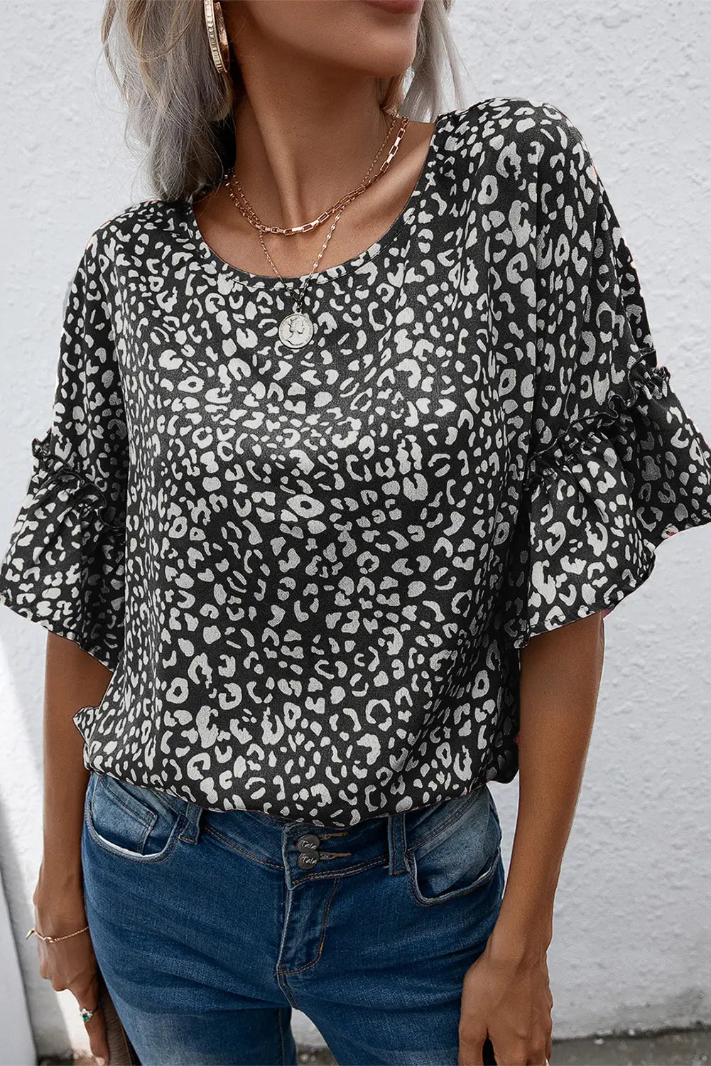 Black Leopard Spotted Ruffle Sleeve T-Shirt-1