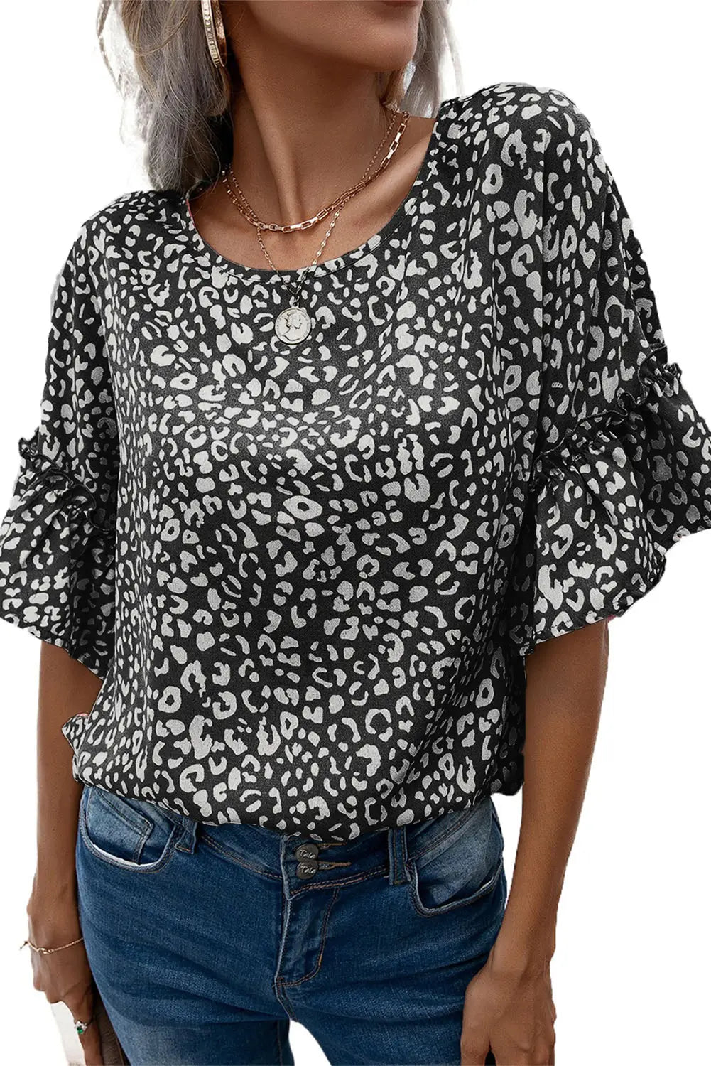 Black Leopard Spotted Ruffle Sleeve T-Shirt-3