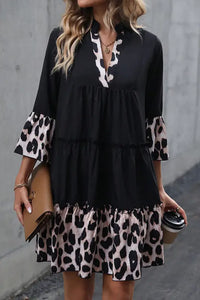 Thumbnail for Black Leopard Trim Flared Dress-2