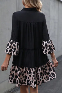 Thumbnail for Black Leopard Trim Flared Dress-1