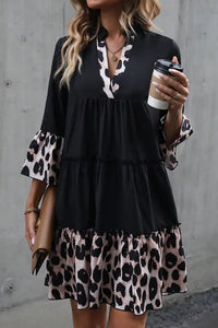 Thumbnail for Black Leopard Trim Flared Dress-3