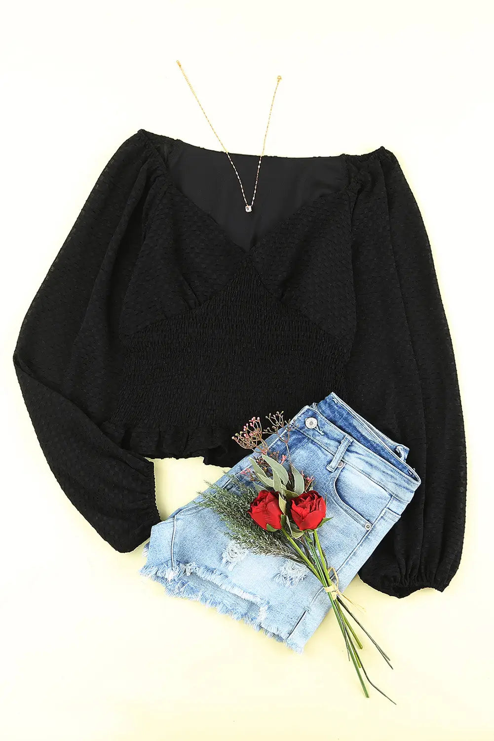 Black Long Sleeve Smocked Top-8