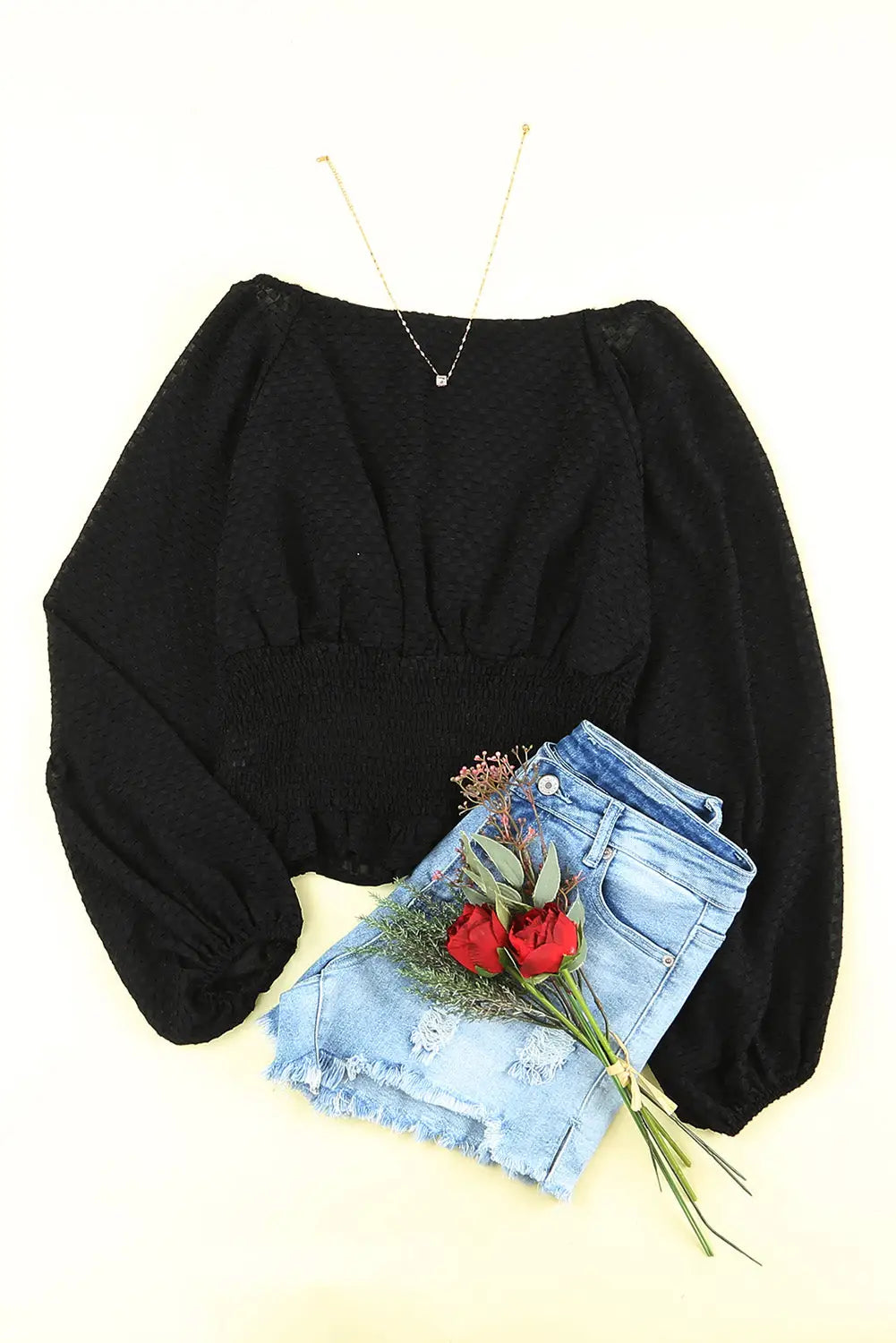 Black Long Sleeve Smocked Top-9