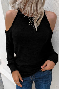 Thumbnail for Black Marble Knit Cold Shoulder Long Sleeve Top-0