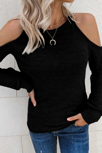 Thumbnail for Black Marble Knit Cold Shoulder Long Sleeve Top-2