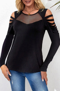 Thumbnail for Black Mesh Patch Ripped Long Sleeve Top-0