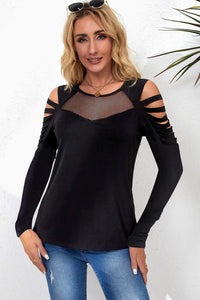 Thumbnail for Black Mesh Patch Ripped Long Sleeve Top-2