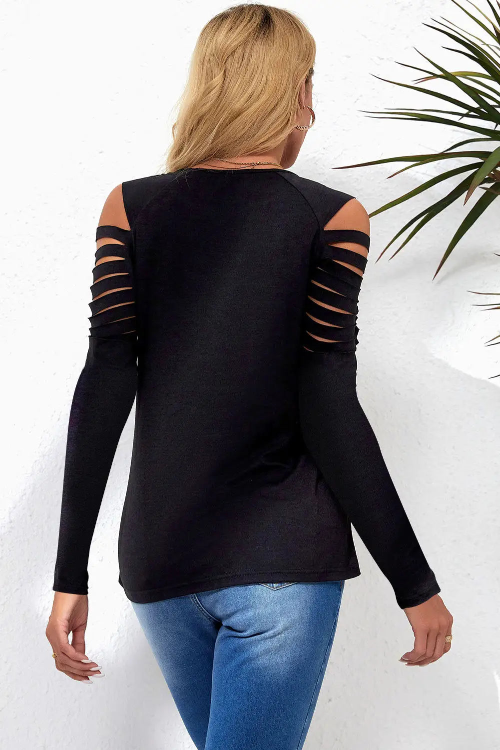 Black Mesh Patch Ripped Long Sleeve Top-1