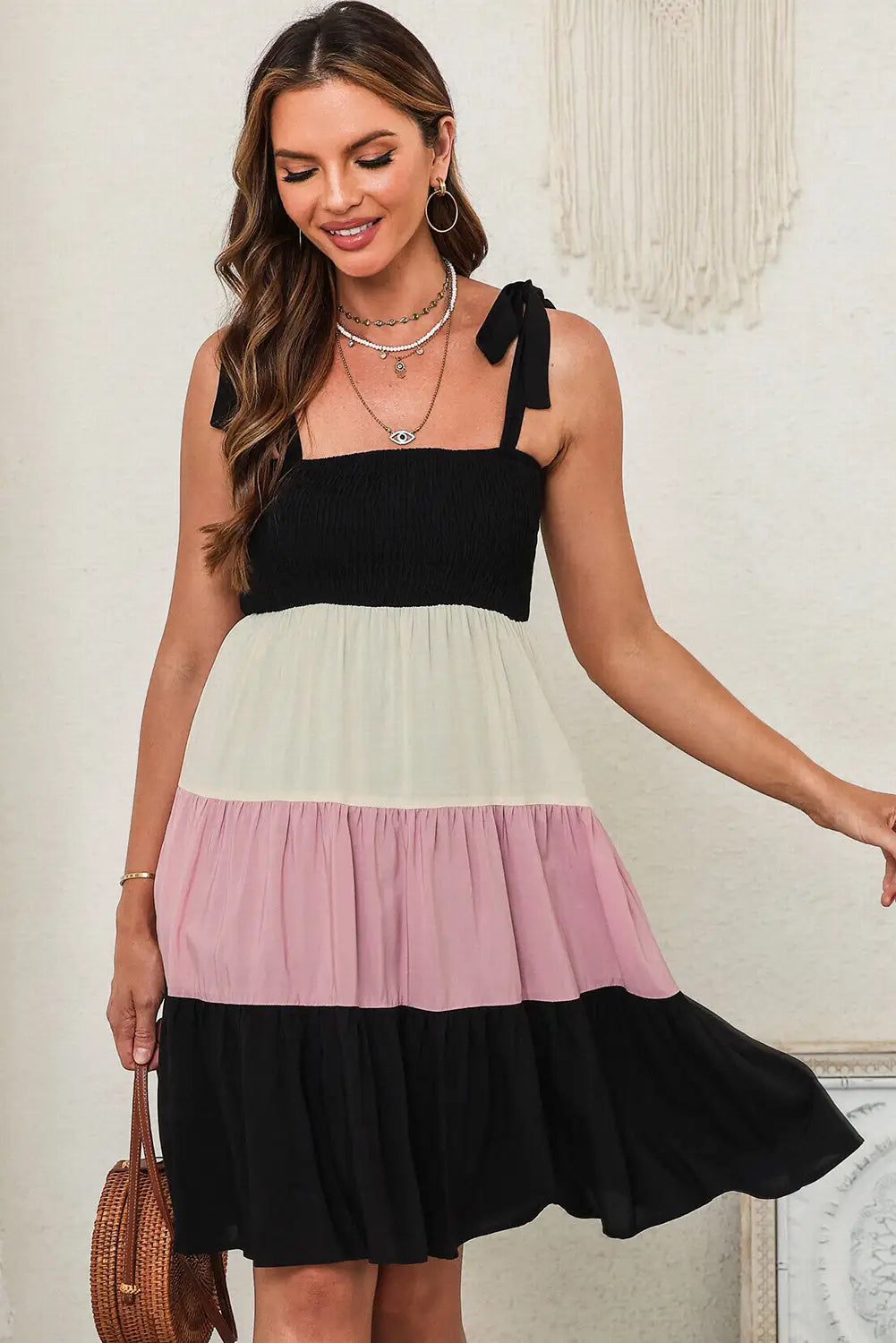 Black Multicolor Smocked Color Block Sleeveless Mini Dress-0