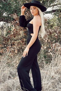 Thumbnail for Black One-Shoulder Balloon Sleeve Cutout Jumpsuit-2