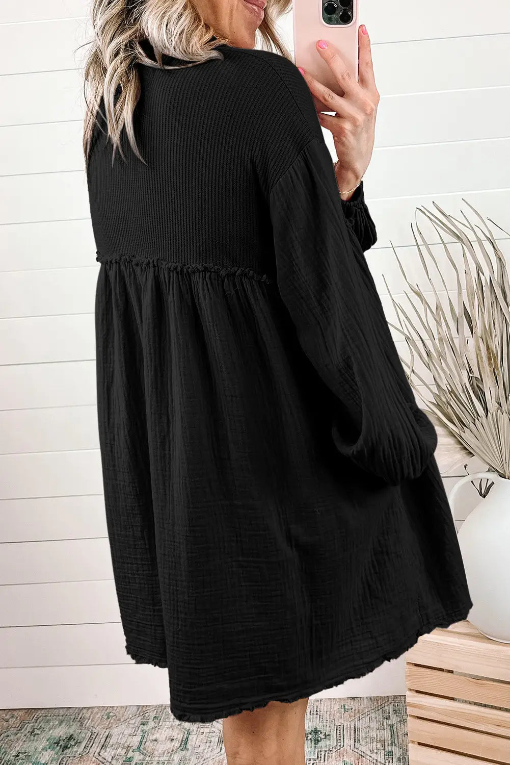 Black Patchwork Crinkle Puff Sleeve Shirt Dress-1