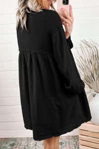 Thumbnail for Black Patchwork Crinkle Puff Sleeve Shirt Dress-1